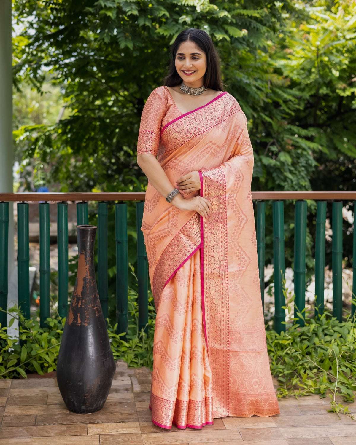 Blissful Banarasi Silk Peach Color Saree