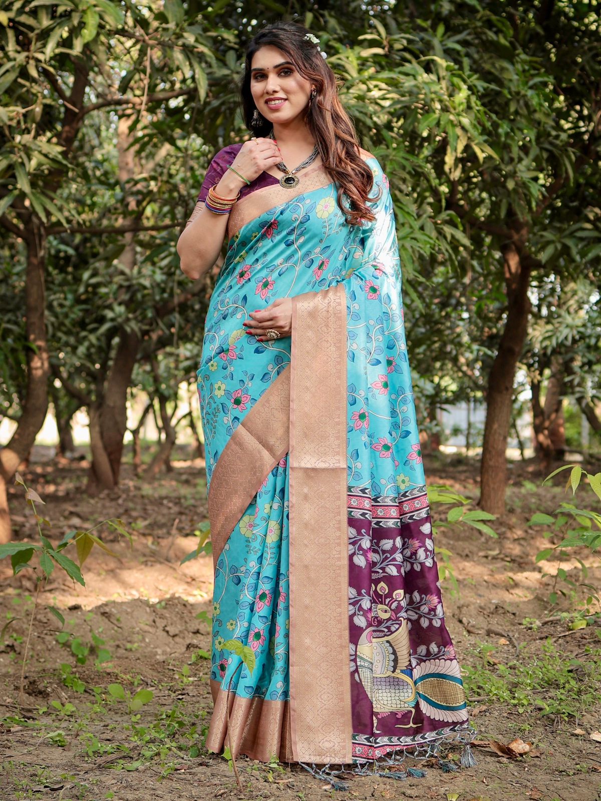 Stunning Sky Blue Color Printed Silk Saree