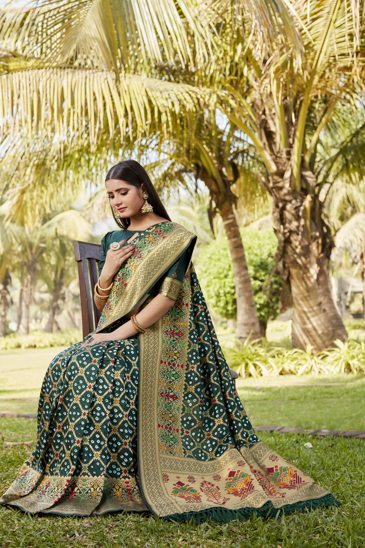 Glorious Bandhej Silk Mehndi Wear Green Color Saree