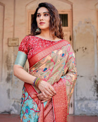 Adorable Peach Color Printed Silk Saree