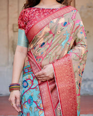 Adorable Peach Color Printed Silk Saree