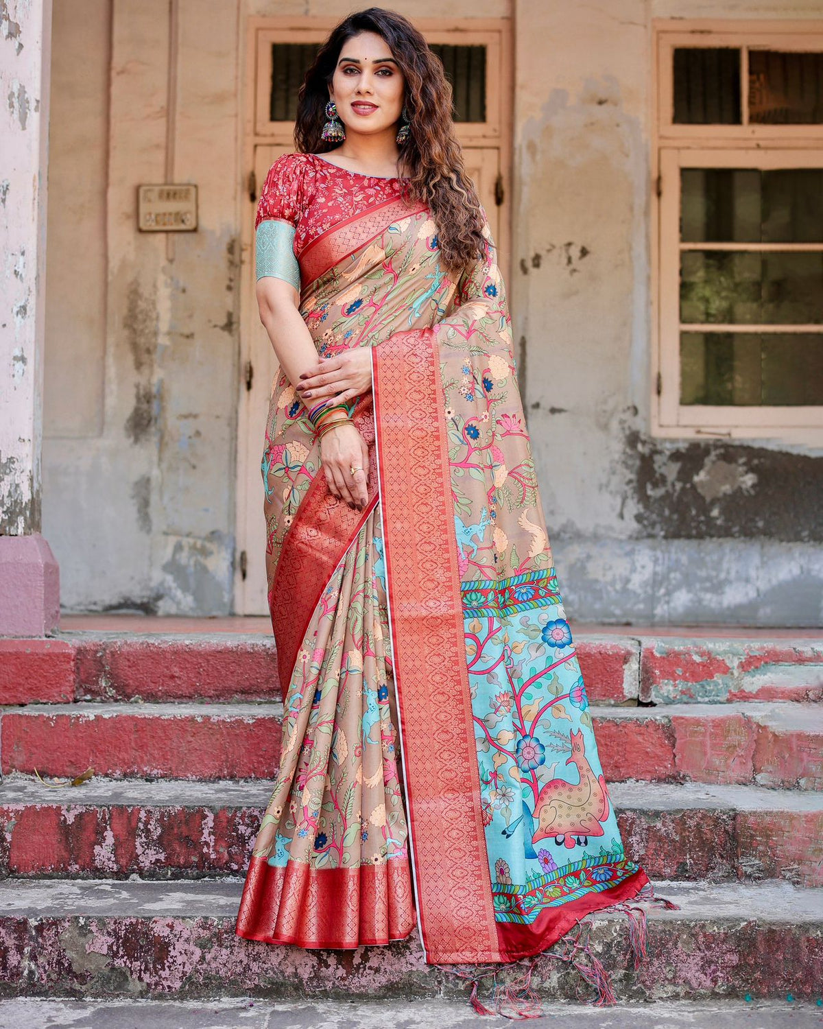 Adorable Peach Color Printed Silk Saree