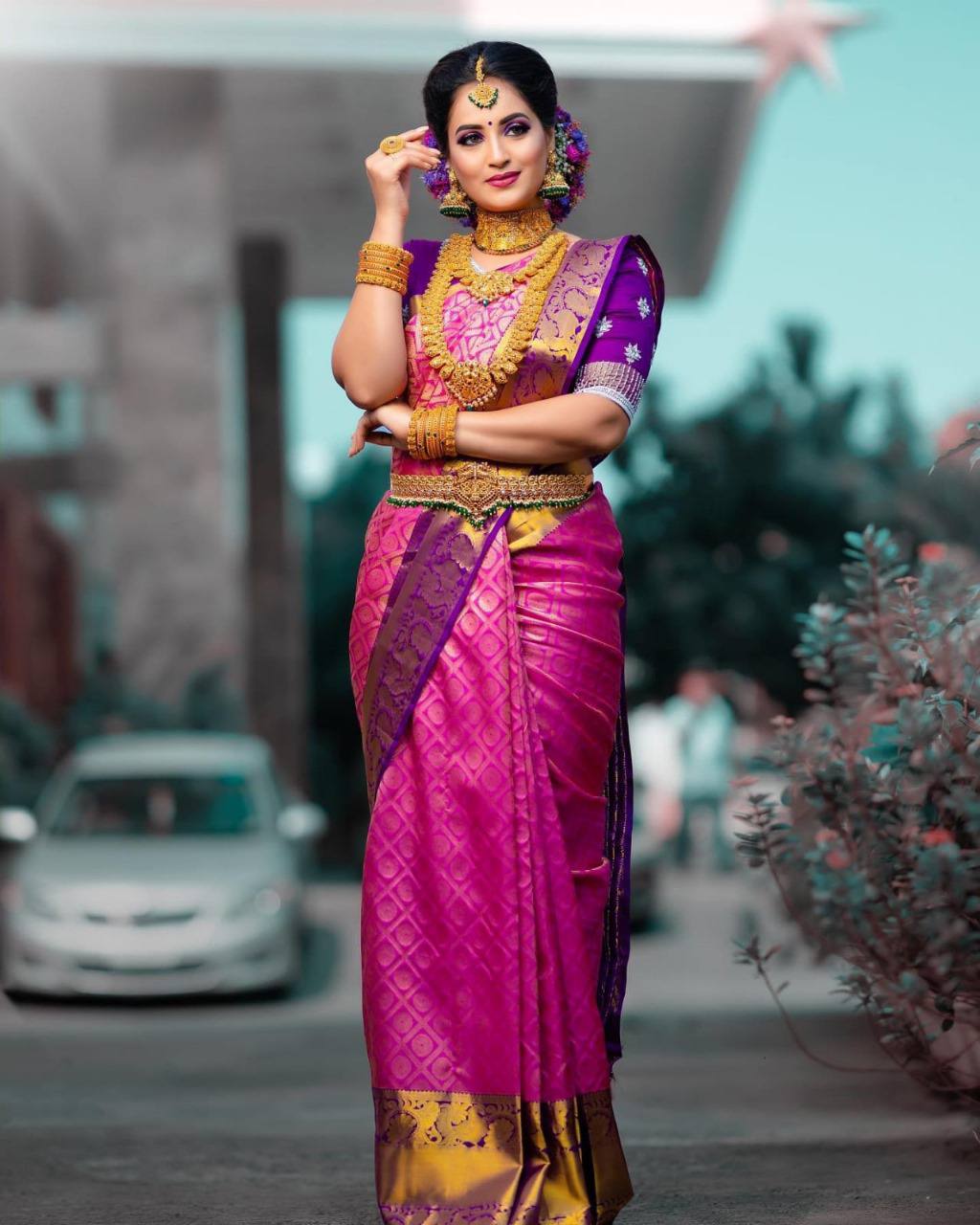 Trendy Kanjivaram Silk Pink Color Saree