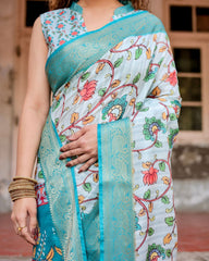 Fantastic Printed Silk Sky Blue Color Saree