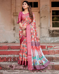 Unique Printed Silk Pink Color Saree