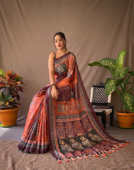 Fantastic Orange Color Cotton Saree