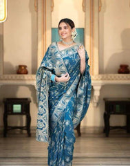 Peaceful Rama Color Lichi Silk Saree