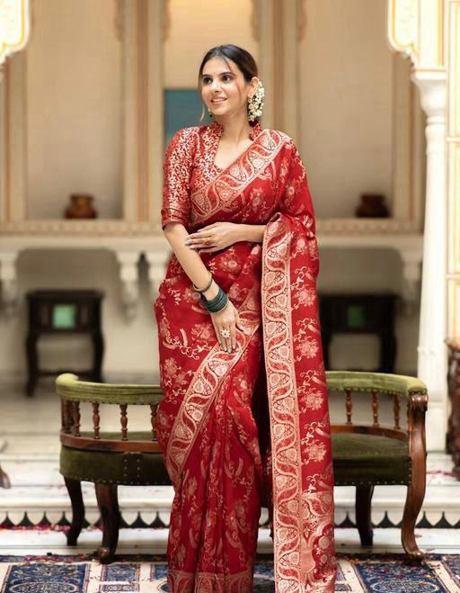 Peaceful Red Color Lichi Silk Saree