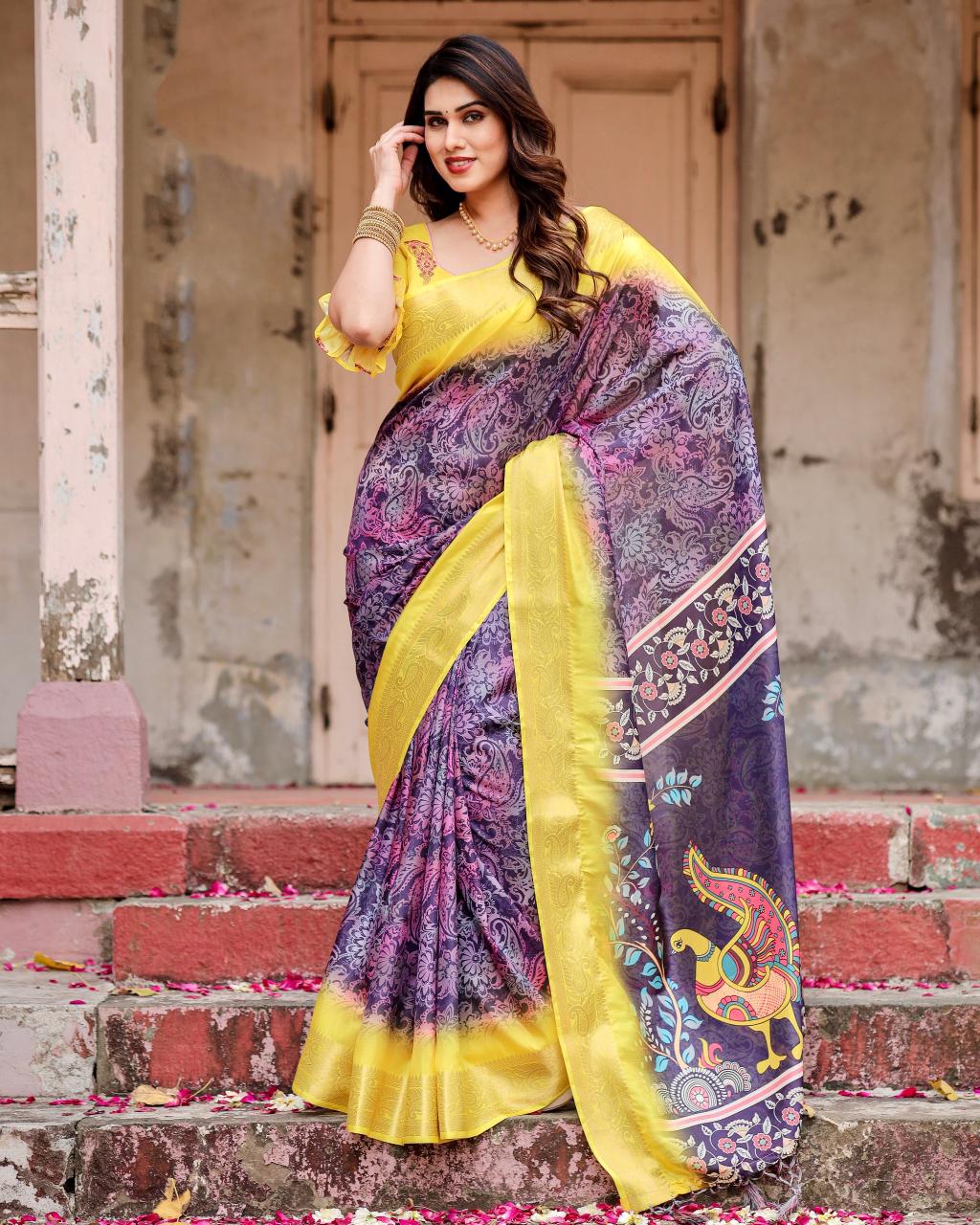 Eyes Catching Purple Color Printed Silk Saree