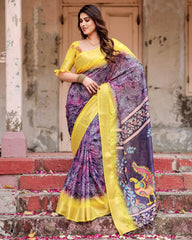 Eyes Catching Purple Color Printed Silk Saree