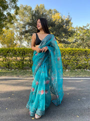 Presenting Organza Silk Blue Color Saree