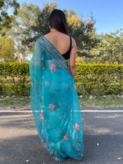 Presenting Organza Silk Blue Color Saree