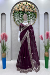 Captivating Sequence Work Wine Color Saree