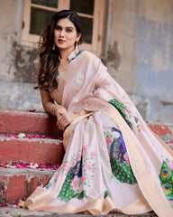 Graceful Beige Color Printed Silk Saree