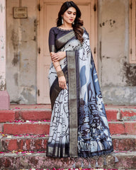 Graceful Black Color Printed Silk Saree