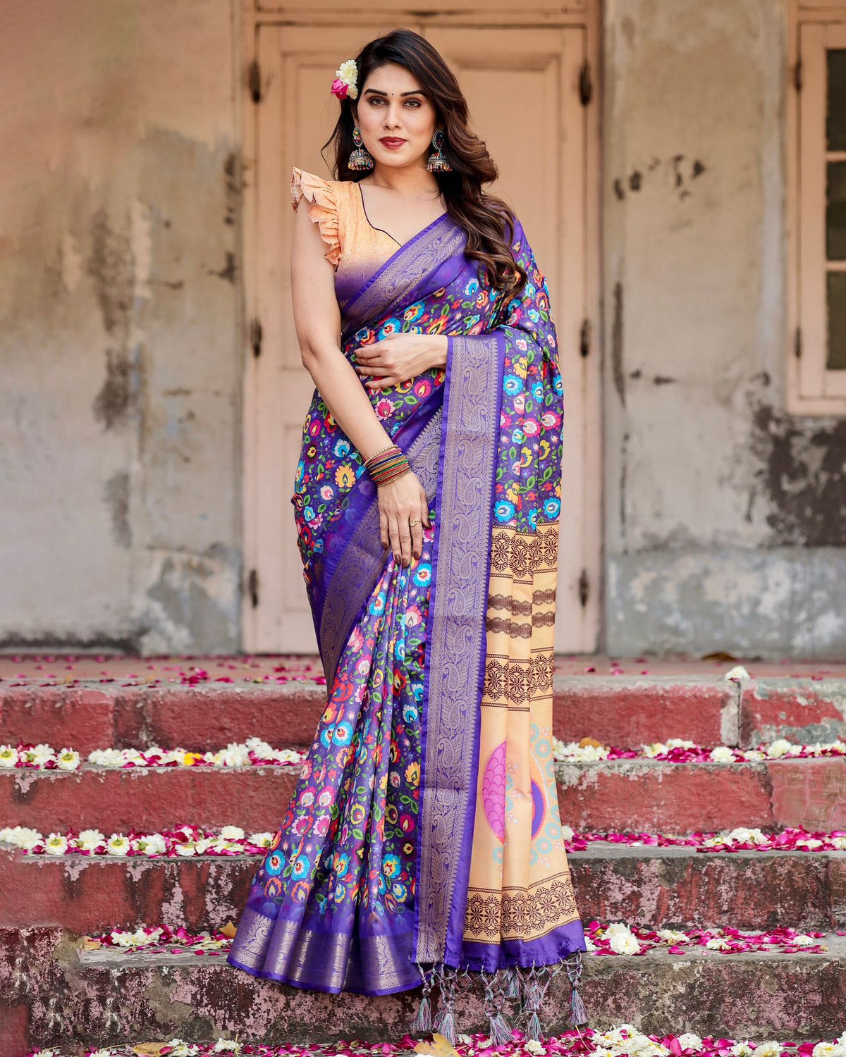 Luxuriant Wine Color Printed Silk Saree