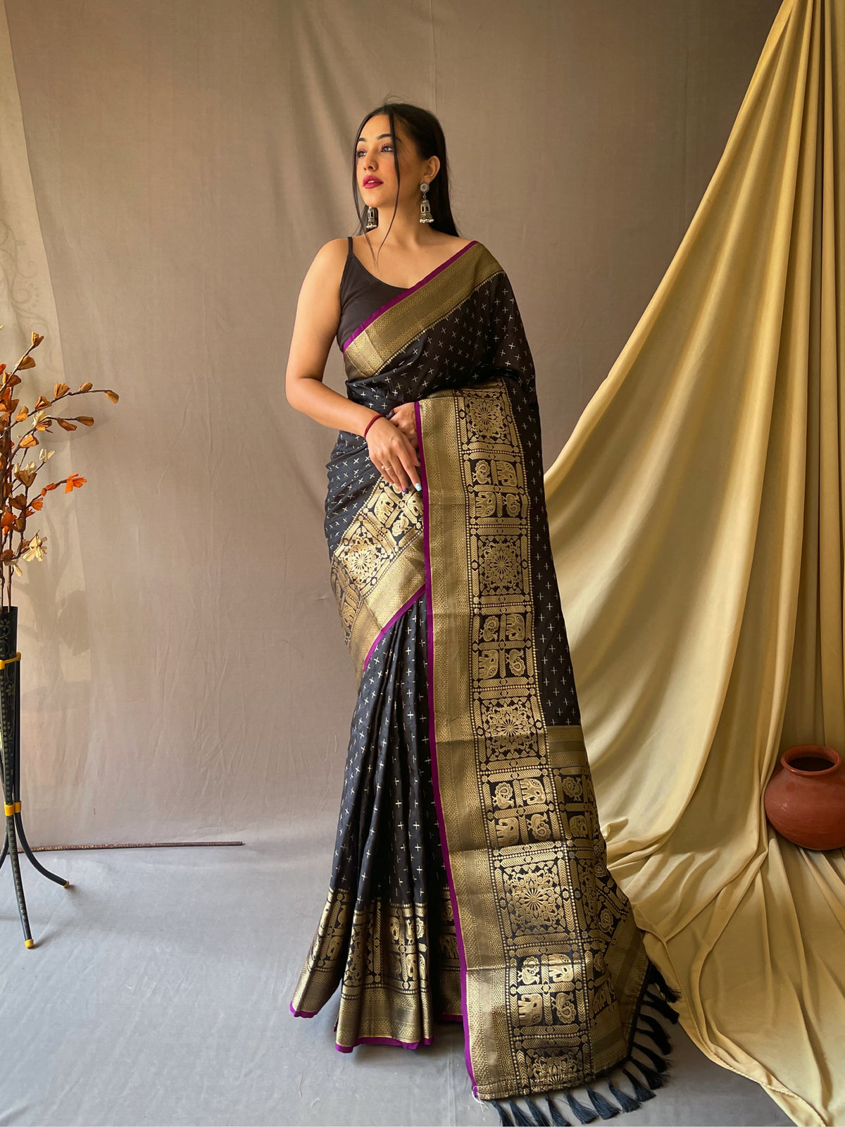 Embellished Black Color Jacquard Saree