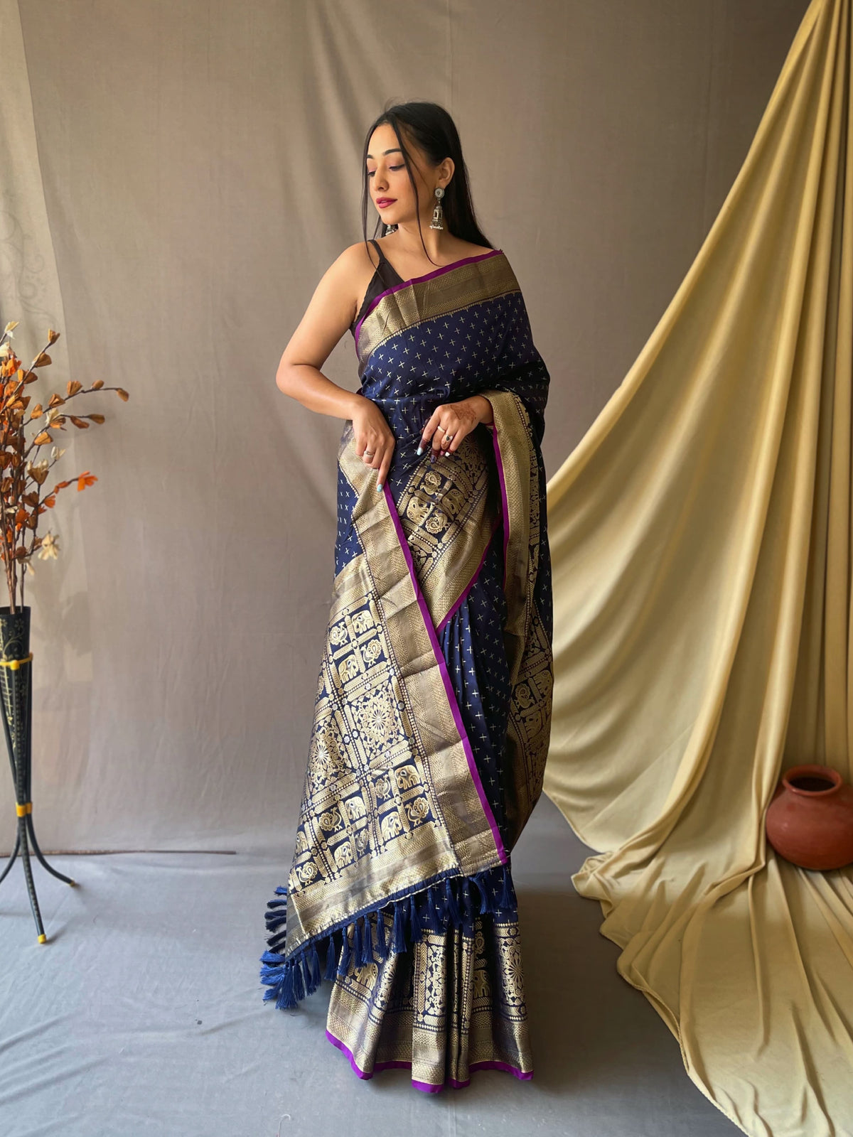 Embellished Navy Blue Color Jacquard Saree