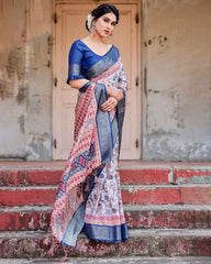 Luxuriant Blue Color Printed Silk Saree