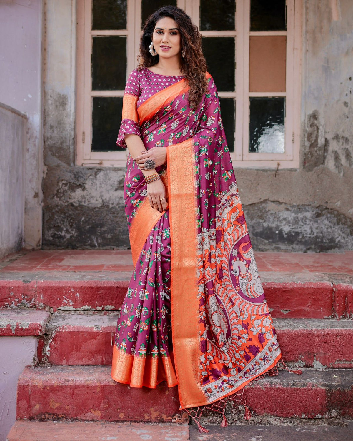 Fancy Wine Color Printed Silk Saree