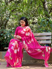 Glossy Pink Color Printed Georgette Saree