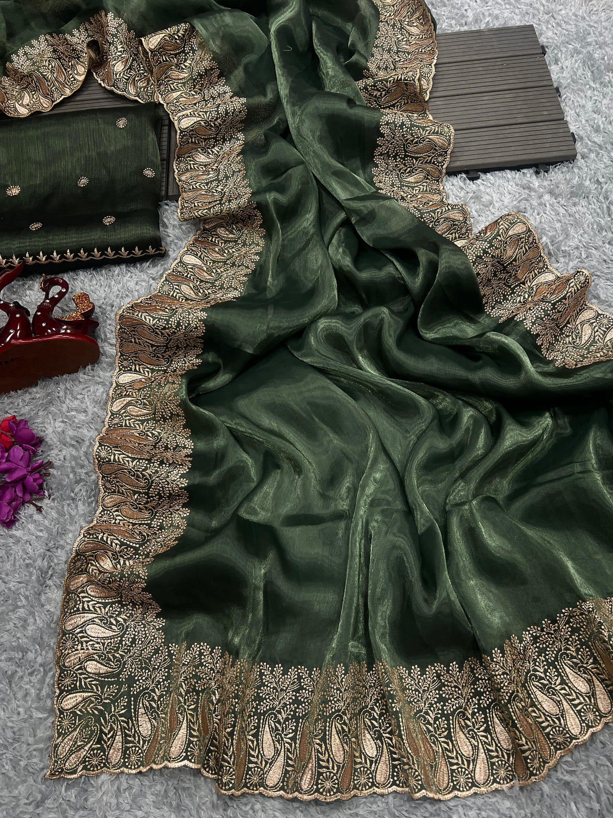 Preferable Dark Green Color Berberry Silk Saree