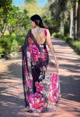 Glossy Black Color Printed Georgette Saree