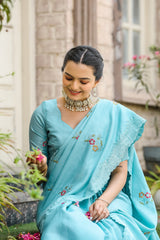 Fabulous Sky Blue Color Cotton Saree