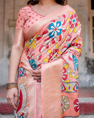 Imposing Peach Color Printed Silk Saree