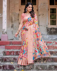 Imposing Peach Color Printed Silk Saree