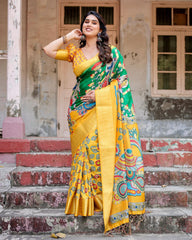 Outstanding Digital Printed Yellow Color Saree