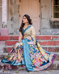 Beautiful Printed Silk Yellow Color Saree