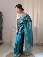 Beautiful Organza Silk Rama Color Saree