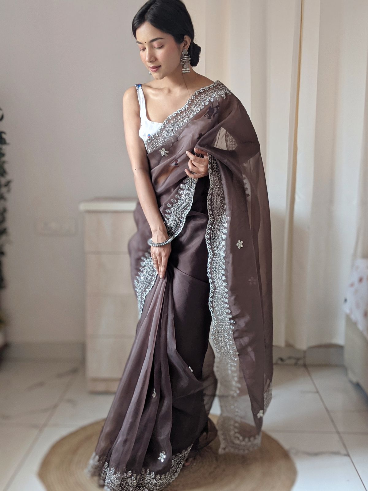 Beautiful Organza Silk Coffee Color Saree