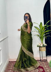 Wonderful Mehndi Wear Green Color Burbary Silk Saree