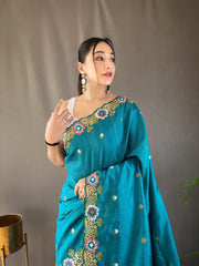 Opulent Embroided Buttis Blue Color Silk Saree