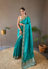 Opulent Embroided Buttis Sky Color Silk Saree