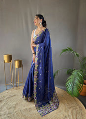 Opulent Embroided Buttis Royal Blue Color Silk Saree