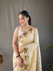 Opulent Embroided Buttis Beige Color Silk Saree