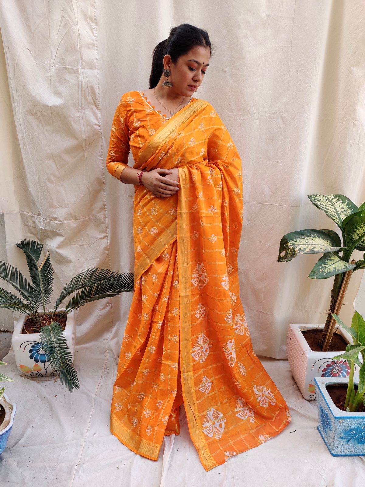 Glorious Batik Cotton Orange Color Saree