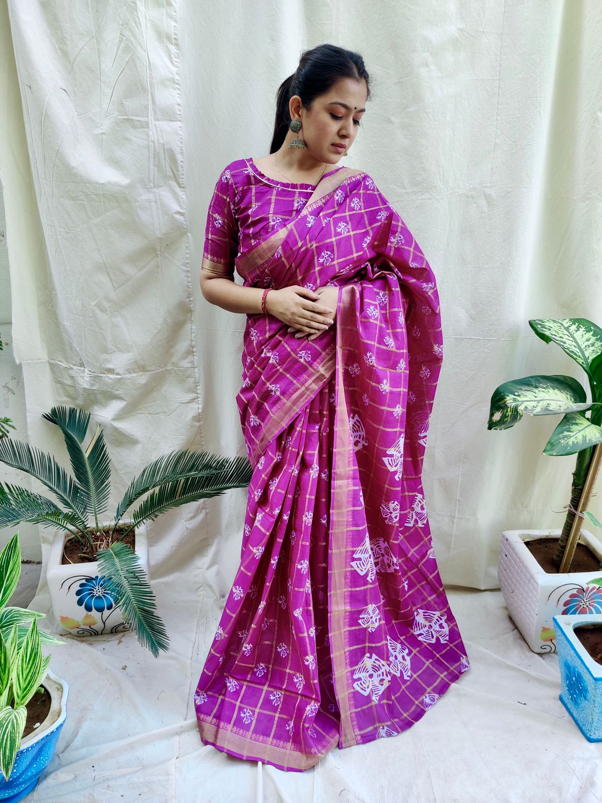 Glorious Batik Cotton Rani Color Saree