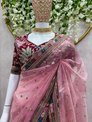 Exotic Organza Silk Pink Color Saree