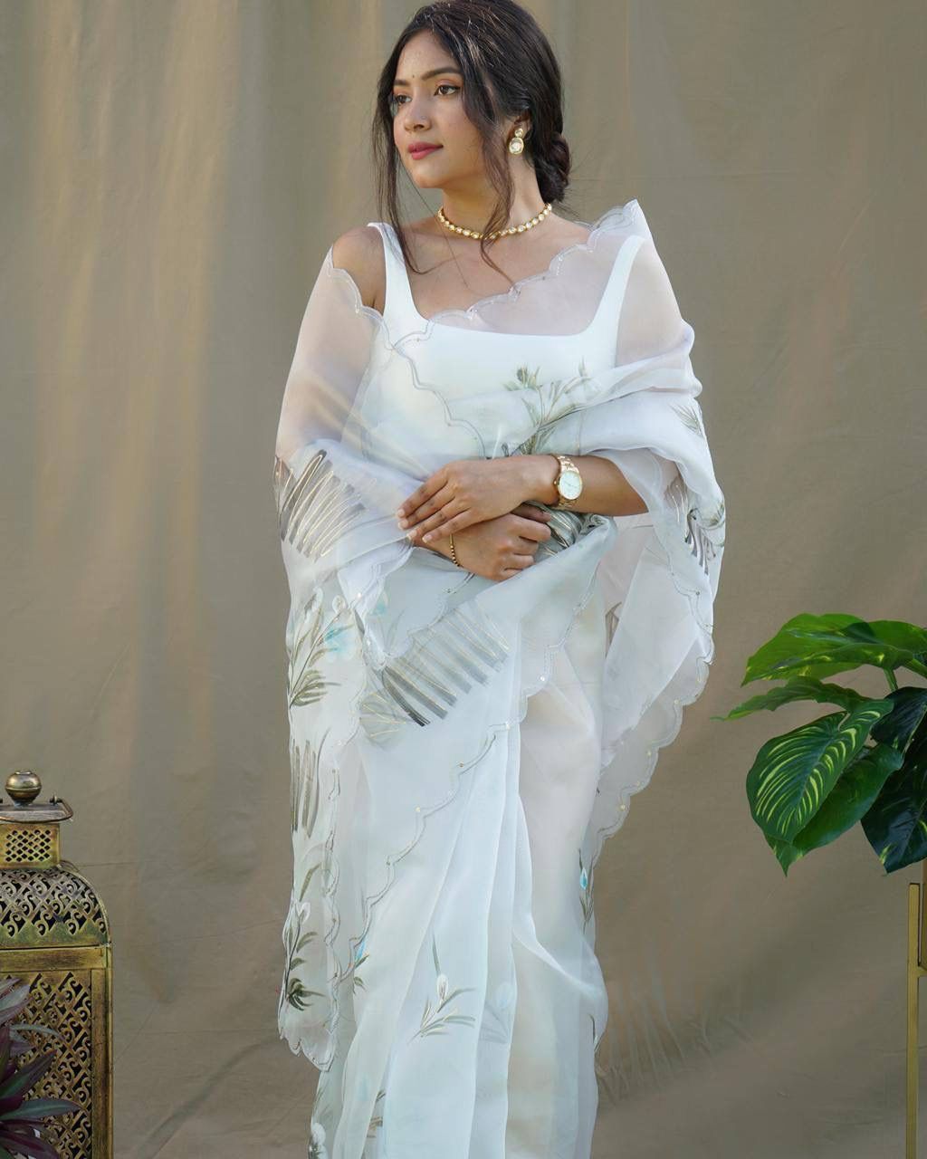 Attractive Organza Silk Off White Color Saree