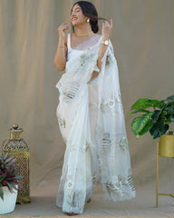 Attractive Organza Silk Off White Color Saree