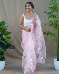 Attractive Organza Silk Pink Color Saree