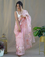 Attractive Organza Silk Baby Pink Color Saree