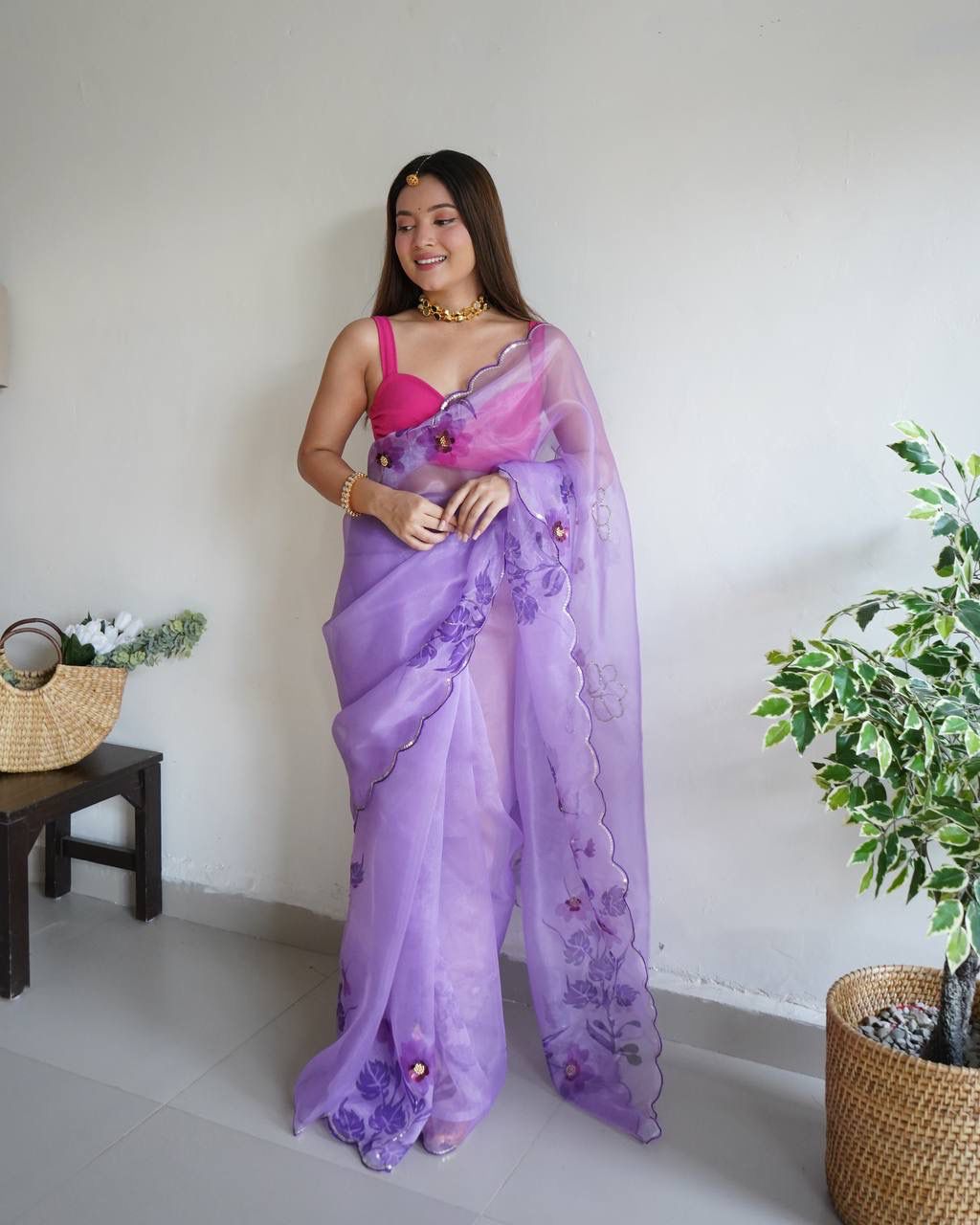 Stylish Organza Silk Purple Color Saree