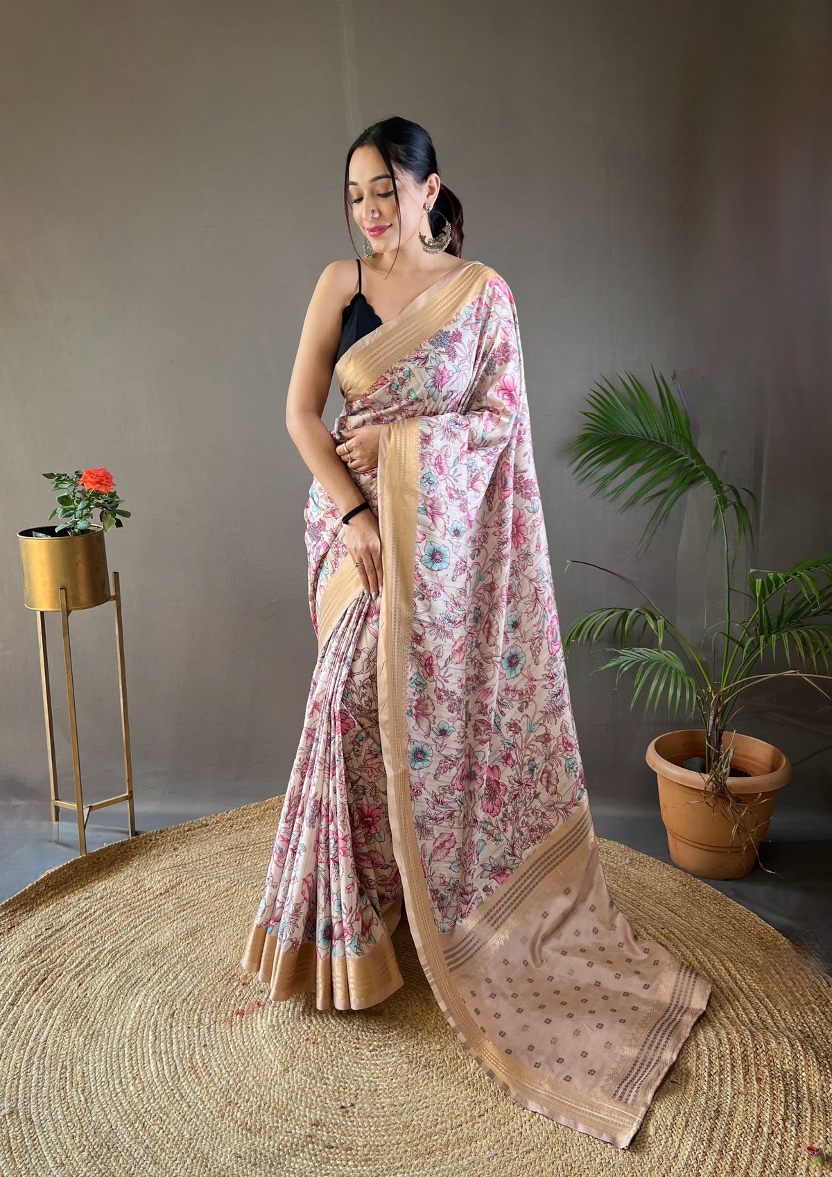 Demanding Digital Print Soft Silk Beige Color Saree