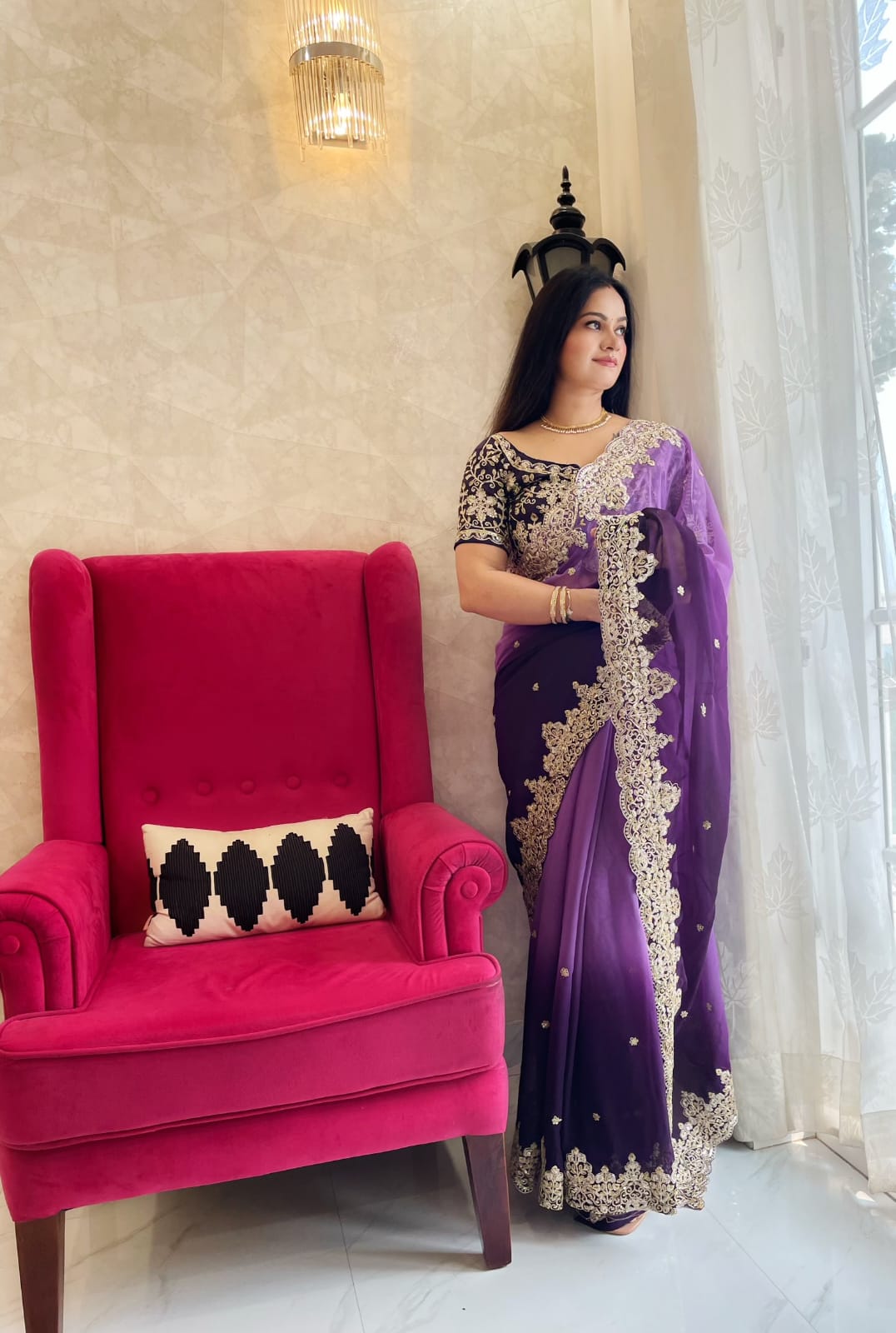 Ravishing Georgette Heavy Border Lavender Double Tone Saree