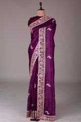 Wonderful Organza Embroidery Multi Treads Wine Color Saree